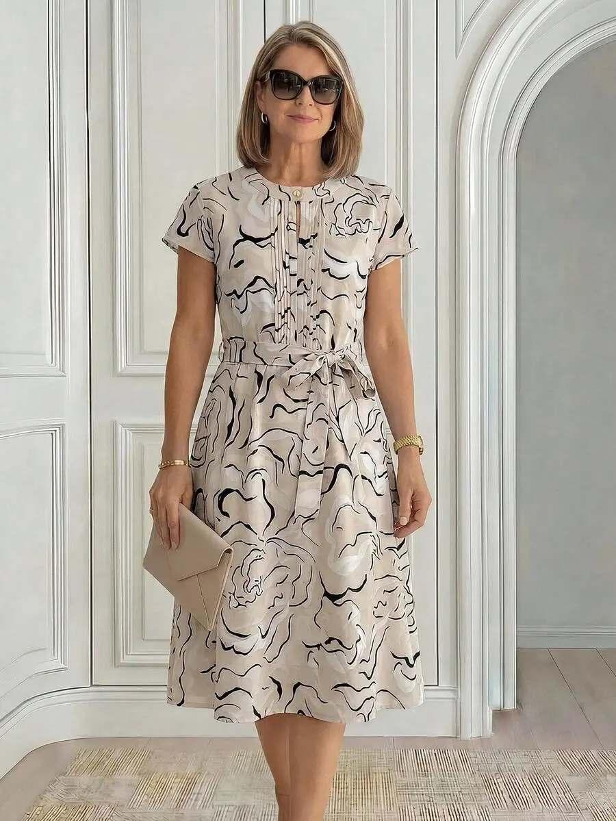 NOVANI Beige Striped Print Ruched Front Mid-Length Floral Dress, New Summer Vacation Party Ninang Wedding For Mom Elegant Modest,Ork Outfits Women