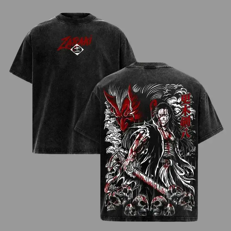 Men's Zaraki Kenpachi Bleach Round Neck T-Shirt - Vintage Washed, Strongest Captain, TYBW The Calamity, 1000-Year Blood War Final Arc, Heavy Cotton Unisex Oversized Streetwear Short-Sleeve Top