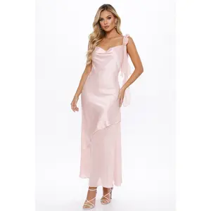 Charlotte Blush Satin Asymmetrical Maxi Dress