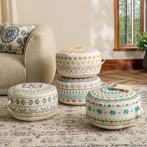 MOCOFO Unstuffed Round Pouf Covers Boho Colorful Geometric Ottoman Pouf Cover with Handle Design,Decoration Footstool for Living Room,Bedroom,Patio