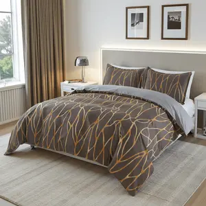 2/3pcs Luxury Duvet Cover Set, Gold Stripes Pattern, Different Design On Each Side, Brown and Gray Color, Ultra Soft and Comfortable Bedding Set for All Seasons, Includes 1 Duvet Cover and 1/2 Pillowcases, Zipper Closure, Machine Washable,  No Core