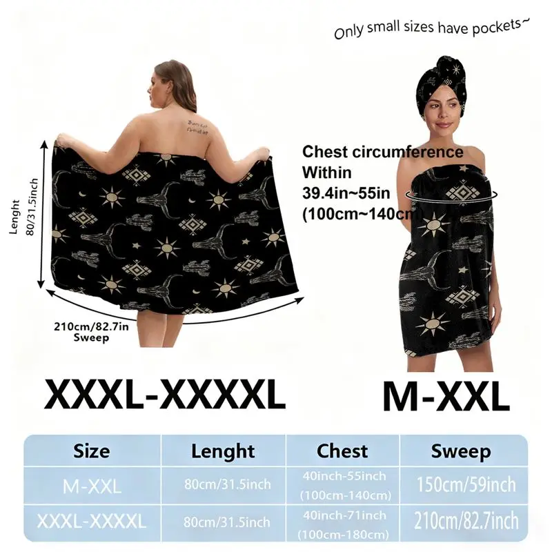 Desert Cow Skull Western Beach Towel Skirt Set, Black & Beige Boho Wrap Skirt + Headwrap for Women, Halloween/Burning Man Festival, Plus Size 1X-XXXXL, Black White Sun Moon Star Pattern Bath Towel Outfit, Swimwear Cover Up