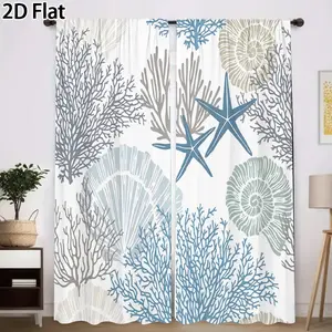 2D Flat 2Pcs Ocean Coral Starfish Shell Curtains, Coastal Style Decorative Drapes for Living Room Bedroom Bathroom Kitchen Windows, Beach Themed Home Decor Translucent tube bag design
