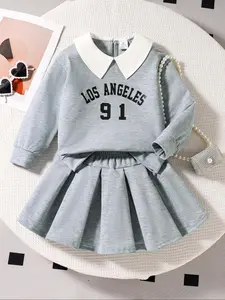 Girls' Spring & Fall Casual Set, Comfortable Long Sleeve Top with Letter Print, Elastic Waist Skirt for Outdoor Fun Clothes Kids