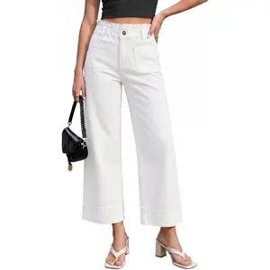Wide Leg Jeans for Women Cropped High Waisted Patch Pocket Paper Bag Waist Stretchy Denim Pants Trouser Jeans
