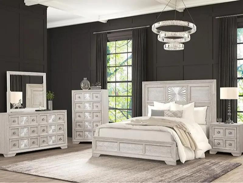 Argenthart Light Gray Finish Wood Decorative Sunburst Headboard Queen Bedroom Set - FM7368GY-4PC