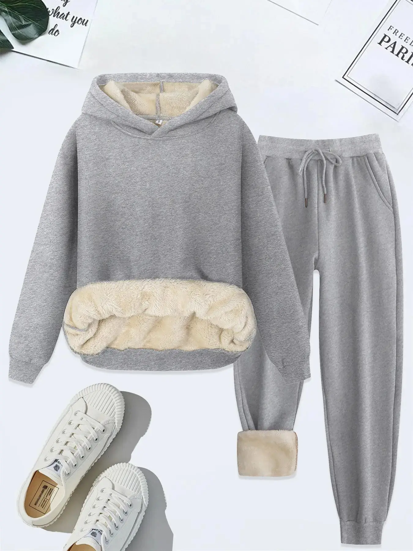 Women's Solid Long Sleeve Hoodie & Drawstring Waist Sweatpants Thermal Lined Two-piece Set, Casual Comfortable Hooded Sweatshirt & Pocket Jogger Pants, Women's Fall & Winter Athleisure Clothes for Daily Wear, Casual Loungewear Set, Co Ord Set, Womenswear