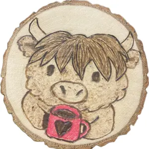 Highland Cow Drinking Coffee 2inch Wood Burned Magnet - Wooden Decor