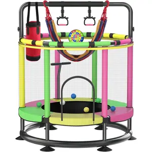 Trampoline for Kids, Full Anti-Rust 440lbs Anti-Rollover Round Bottom Toddler Trampoline, T-handrail Adjustable Baby Toddler Trampolines Dart Board