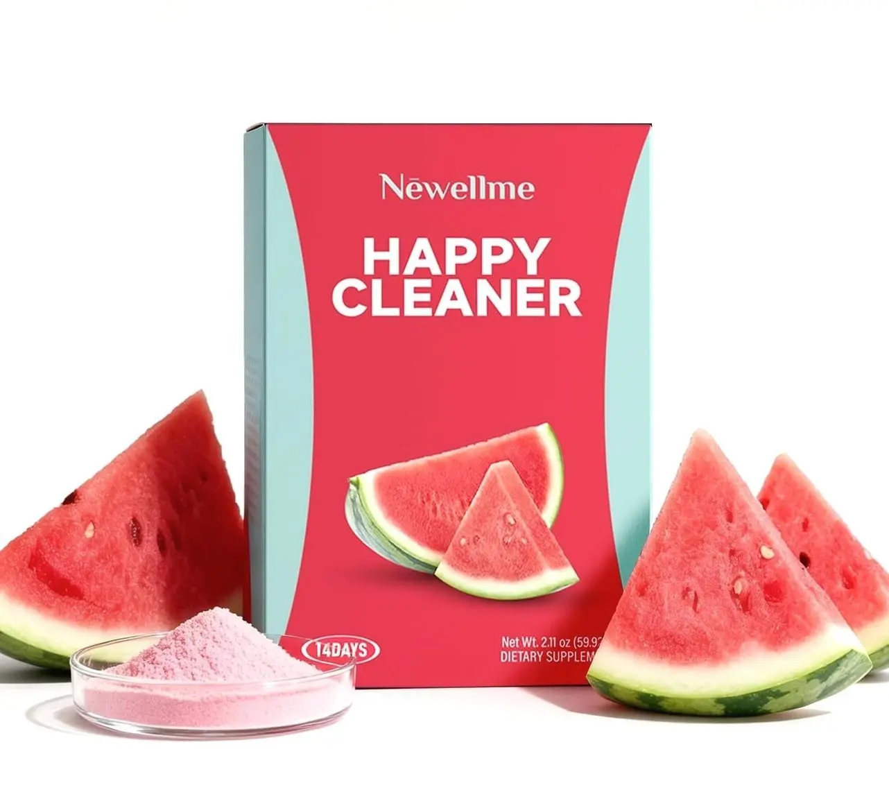 NEWELLME Happy Cleaner Superfood Powder | Digestive & Gut Health, Prebiotics & Probiotics for Women & Men, Support for Bloating & Regularity, Vegan Sugar-Free, Watermelon Flavor, 14 Sachets