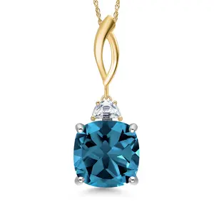 Gem Stone King 925 Silver and 10K Yellow Gold London Blue Topaz and White Moissanite Pendant Necklace for Women | 9.03 Cttw | Gemstone November Birthstone | Cushion 12MM | With 18 Inch Chain