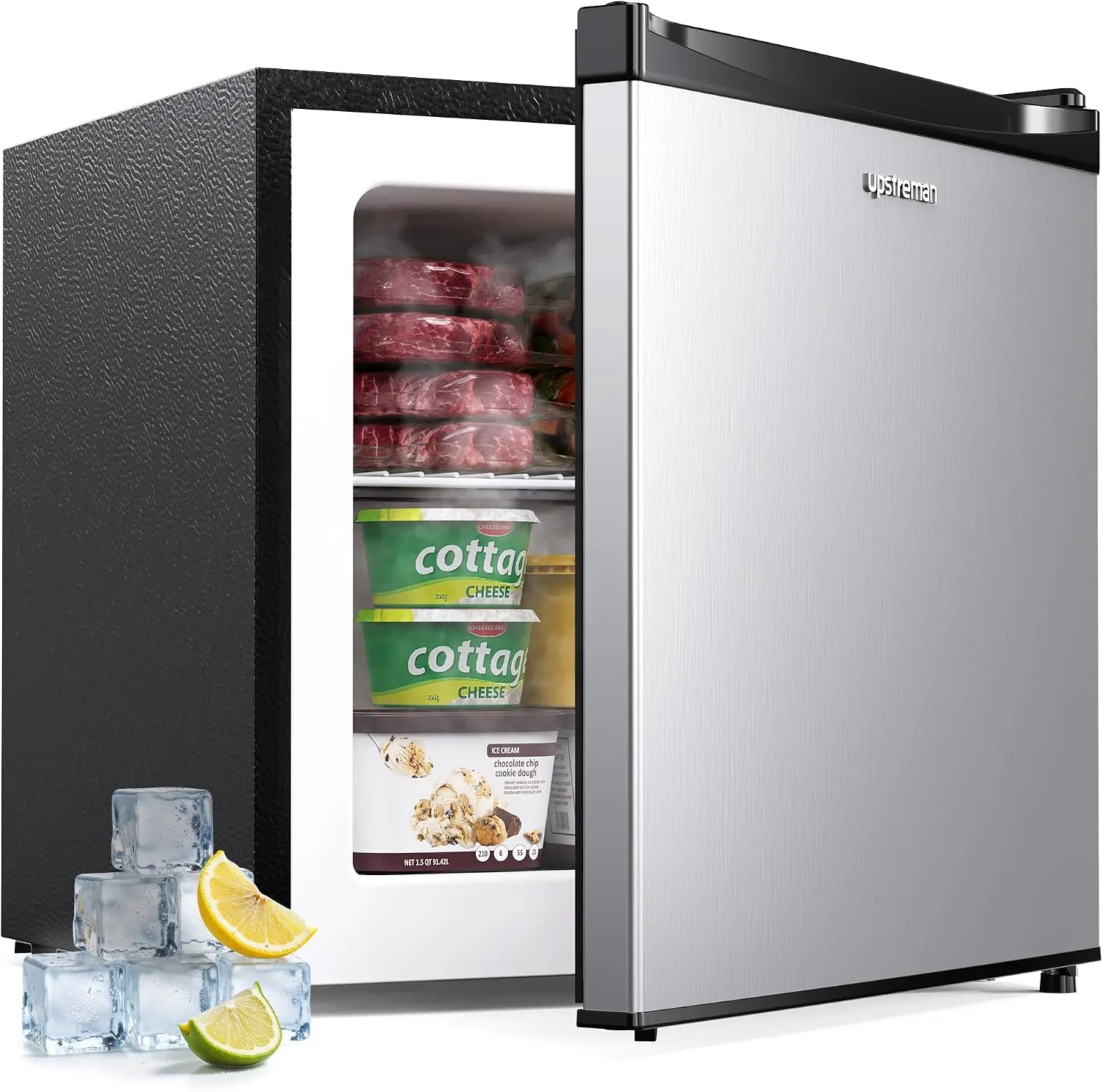 Upstreman 1.1 Cu.Ft Small Upright Freezer Compact Mini Stand Freezer | 5 Adjustable Thermostat, Removable Basket, Reversible Door, Ultra-Quiet 41dB, 0.4kWh/day