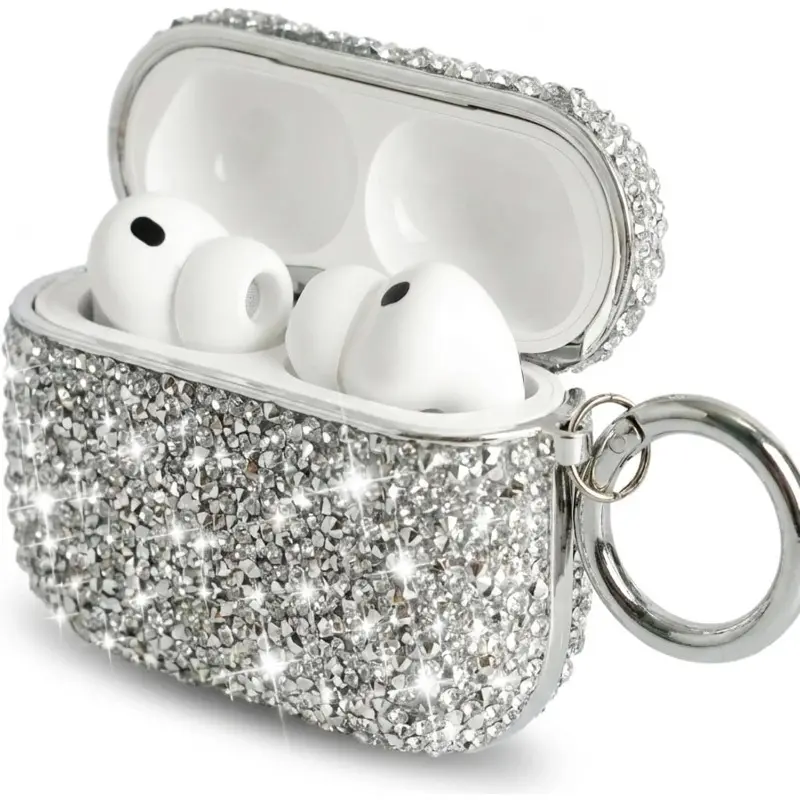 Cute Glitter Earphone Protective Cover for AirPods 4 (Model A3058/A3059, White) - Women's Bling Hard Case, Sparkly Rhinestone Design, with Keychain
