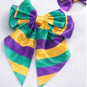 Mardi Gras Hair Bow - Multicolored Striped Hair Accessory with Elastic Design, Ideal for Mardi Gras Celebrations