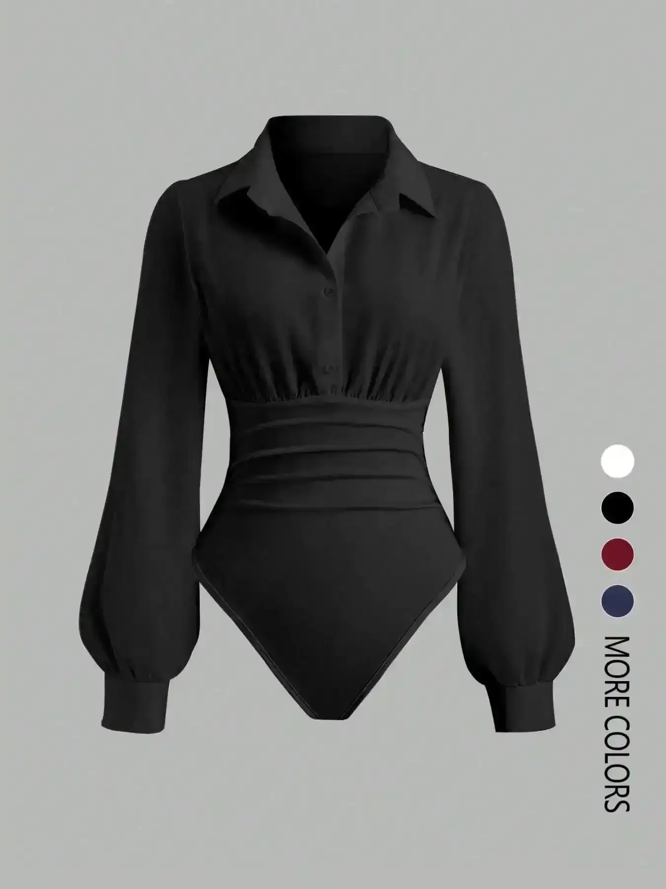 Vogue Women's Solid Color Slim-Fit Collared Long-Sleeve Shirt Bodysuit, Elegant Woven Fabric, All Seasons, Easy to Layer, Womenswear, Versatile, Elevated Basics, Everyday, Effortless Style