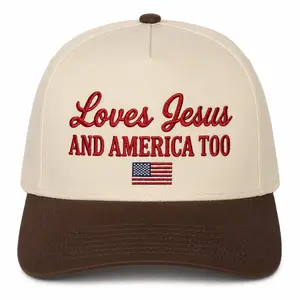 Loves Jesus And America Too Embroidered OTTO Trucker Hat, Christian Patriotic Baseball Cap, Faith And Freedom USA Pride Hat, 4th Of July Church Outfit Gift For Women Men
