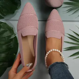 Womens Solid Color Chic Flats - Effortless-On, Ultra-Soft Sole, Lightweight Comfort - Knitted Pointed Toe Ballet Shoes Daily Style