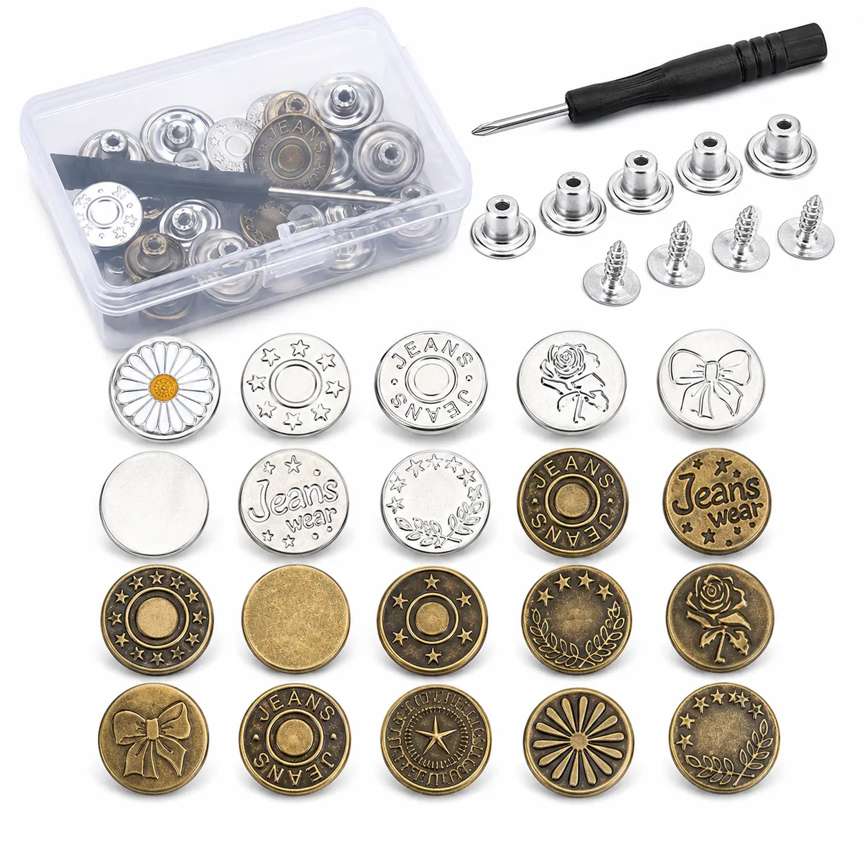 20 Pcs Adjustable Metal Jean Snap Tacks ,No-Sew Nailess Removable Metal Jeans Buttons Replacement Repair Combo Thread Rivets and Screwdrivers