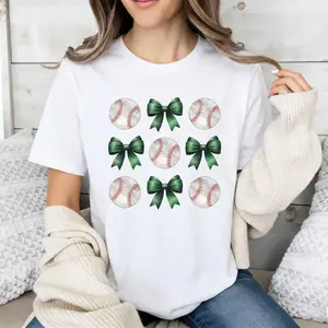 [Printed Design – Not Textured]Coquette Green Bow Baseball Graphic T-Shirt Preppy Ribbon Pattern Game Day Outfit Baseball Girlfriend Sister Casual Spring Season Cute Sports Fan Tee