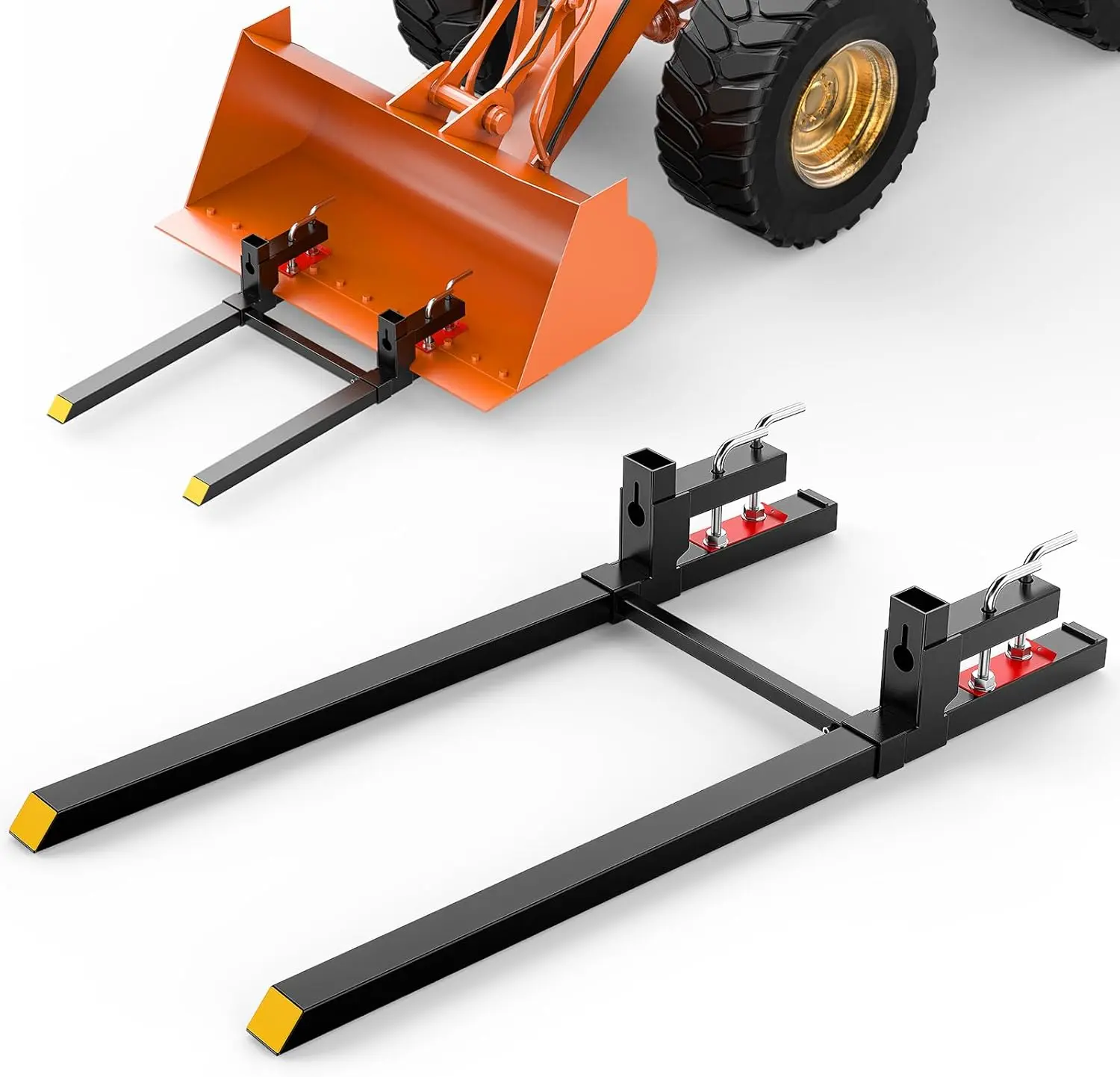 Nilight 60" 4000lbs Heavy-Duty Clamp-On Pallet Forks - Vehicle Accessories with Adjustable Stabilizer Bar, High Load Bearing, Compatible with Loader Buckets & Skid Steer Tractors for Farms & Warehouses, Iron