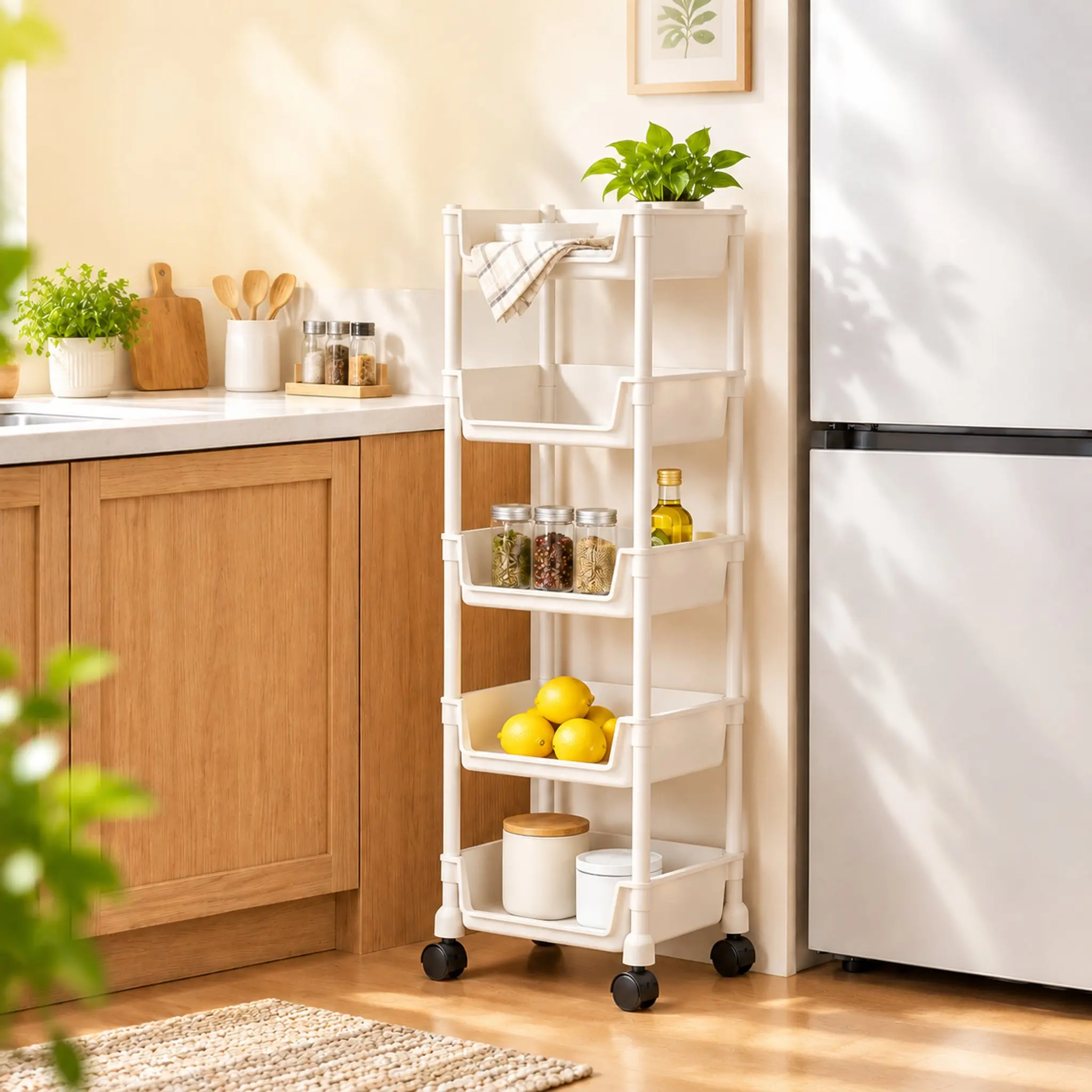 Minimalist Rolling Storage Cart with Wheels, Multi-Layer Adjustable Freestanding Plastic Household Rack, Space-Saving Portable Easy-Install Utility Organizer for Kitchen, Bathroom - Memorial Day Deal