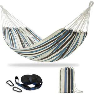 Brazilian Double Hammock with Tree Straps, 94x63IN,2 Persons Hammock for Backyard Patio Outdoor and Indoor,450lbs Weight Capacity,Soft Woven Cotton Fabric - Blue Stripe