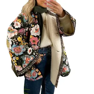 NewWomenLadiesGirlsWinterLooseQuiltedJacketFloralPrintButtonDownLongSleevePaddedCoatWarmOutwearCasualWomenswearTopsOuterwear