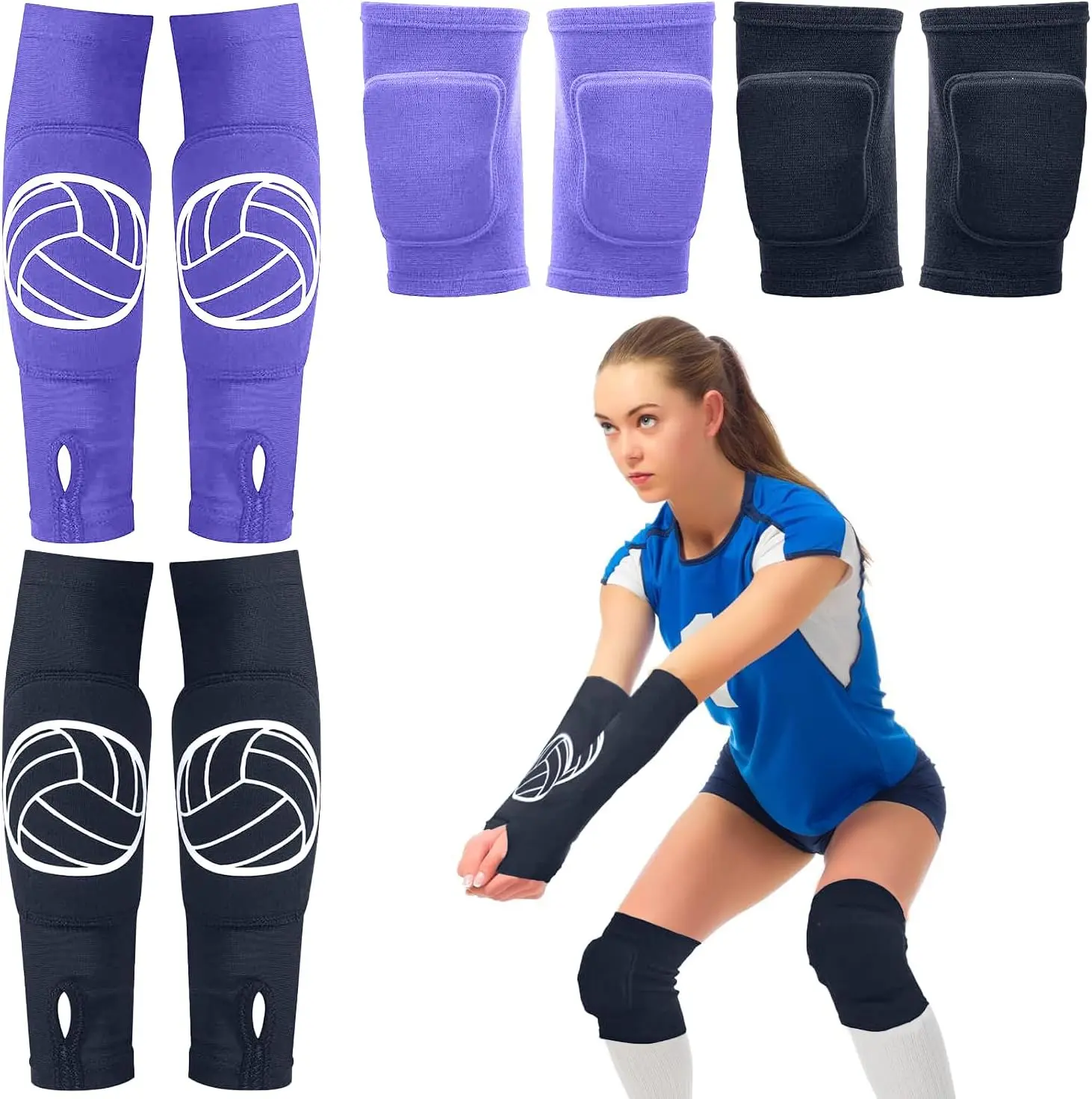 2 Set Volleyball  Pads and Volleyball Arm Sleeves with Protection Pad Compression Forearm Wrist Guard with Thumb Hole Soft Breathable for Hitting Passing