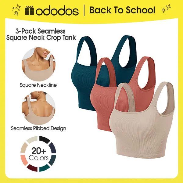 ODODOS 3-Pack Seamless Square Neck Crop Tank for Women Ribbed Knit Soft Low Back Cropped Tops summerwins,back to school,back to school shopping Fit Comfy