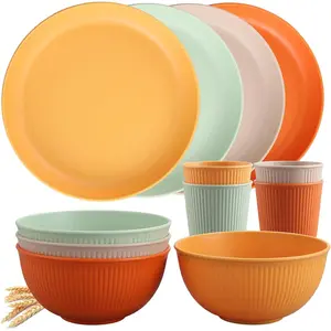 Tanice Camping Plates and Bowls Set for 4, 12-Piece Unbreakable Plastic Dinnerware, Microwave & Dishwasher Safe, Dinnerware Set with Pltaes, Bowls, Cups for Outdoor Picnic, RV, Travel Essentials