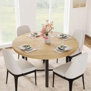 Garvee Industrial round dining table 120 cm – Rustic design with wooden top and metal base – Easy assembly – For 4-6 people – Natural wood color