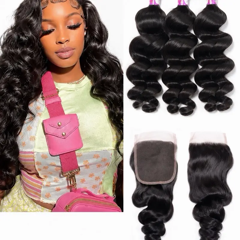 1. Brazilian Loose Wave Human Hair Bundles with 4x4 Lace Closure