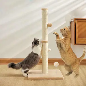 Tall Cat Scratching Posts For Indoor Cats ,Adult And Kittens Cat Scratchers With 1 Hanging Ball 1 Dummy Mouse and 1 Cat Toy, Vertical Scratcher With Premium Sisal Rope Cat Scratch Furniture Protector，Rice Brown and Light Grey