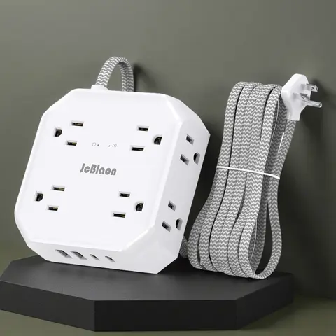 12-in-1 Surge Protector Power Strip - 5ft Braided Ext Cord, Extender Plugs, 8 Wide Outlets, 4 Multi-Port (Including Type C) USB Charging Station, 3-Side Design, Flat Plug, Smart Wall-Mountable Desk Accessory, Multiple Sockets