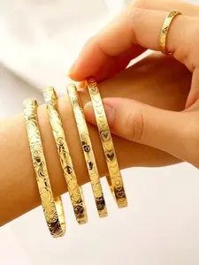 Vietnamese Sand Gold Style Engraved Bangle Bracelets, 4PCS/Set Gold Plated Stackable Bangles for Women, Hypoallergenic Copper Alloy