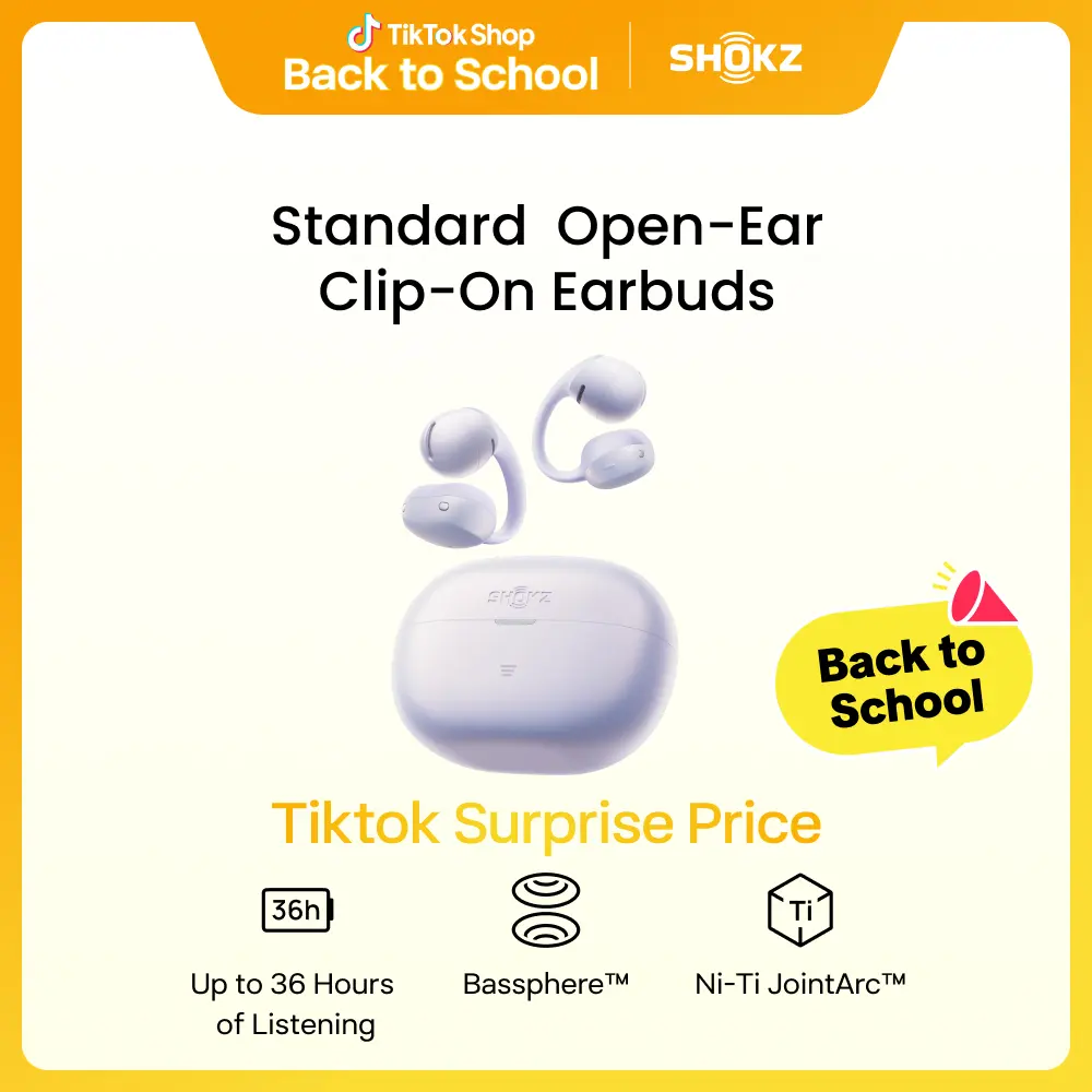 SHOKZ OpenDots Air - Open-Ear, Clip-On Earbuds - Bluetooth 6.1, Up to 36 Hours of Listening, Interchangeable Earbuds, Touch Controls, Dual AI Noise-Canceling Microphones, IP55, Bassphere Technology, DirectPitch Technology