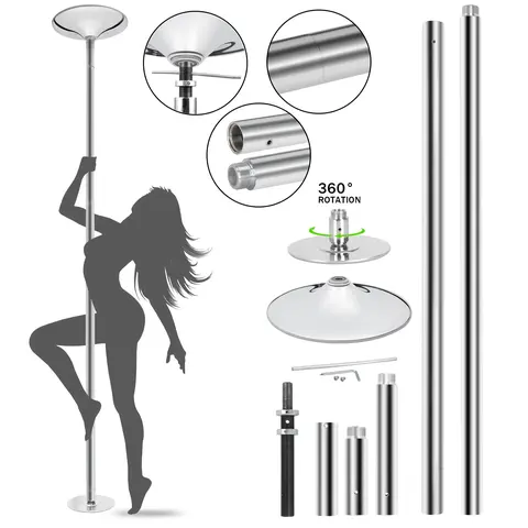 Unisex All-Metal 45mm Diameter Extra Thick Tube 360° Rotation Removable Spinning-Static Pole Dancing Kit - 7.3'-9' Adjustable Height Gymnastics Bar with Articulated Base, Ceiling Mount, Silicone Ring, 125mm Extension, 440lbs At-Home Dance Gym Equipment