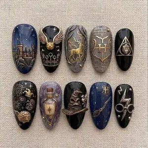 Wizarding World Press On Nails 3D Magic Castle Fake Nails Golden Snitch Witchy Sorting Hat Luxury