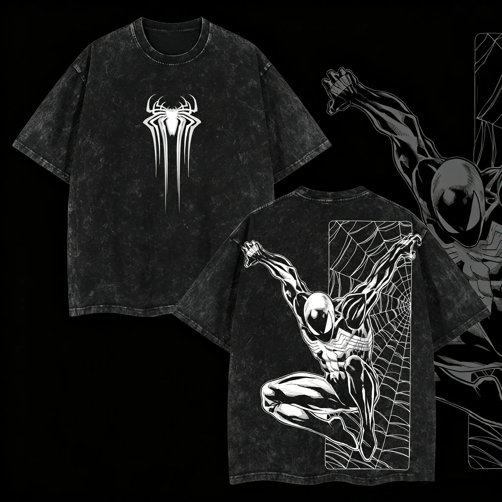 Dark Web Hero Vintage Washed Oversized T-Shirt | Black Web Monster Graphic Tee | Dark Symbiote Streetwear Shirt | Acid Wash Unisex Tee D2Z