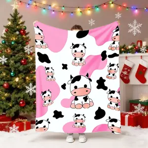1 cute cow print flannel blanket - a soft, warm, all-season comfortable blanket with a cow pattern and pink hearts, suitable for bedrooms, living rooms, sofas - machine washable farmhouse style decor Cartoon Pattern Blanket