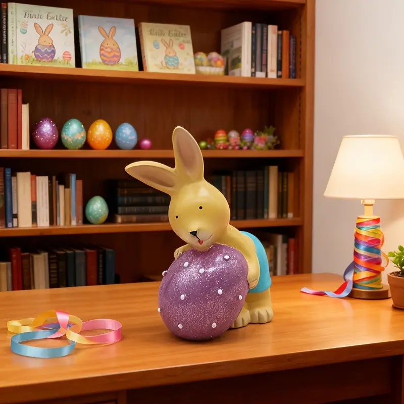Easter Bunny Holding Glitter Egg Statue, Eco-Friendly Resin Material, Cute Cartoon Decor, Perfect for Living Room, Bedroom, Office