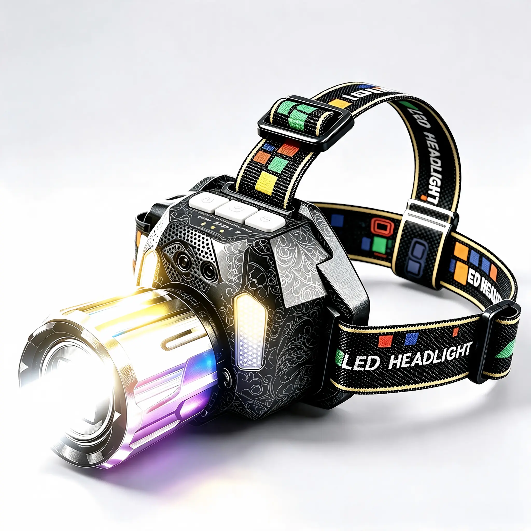 LED Headlamp with Multi-Color Adjustable Focus, 1000m Range, Adjustable Band, IPX4 Waterproof & UV Purple Light for Night Activities, Hiking, Splashproof