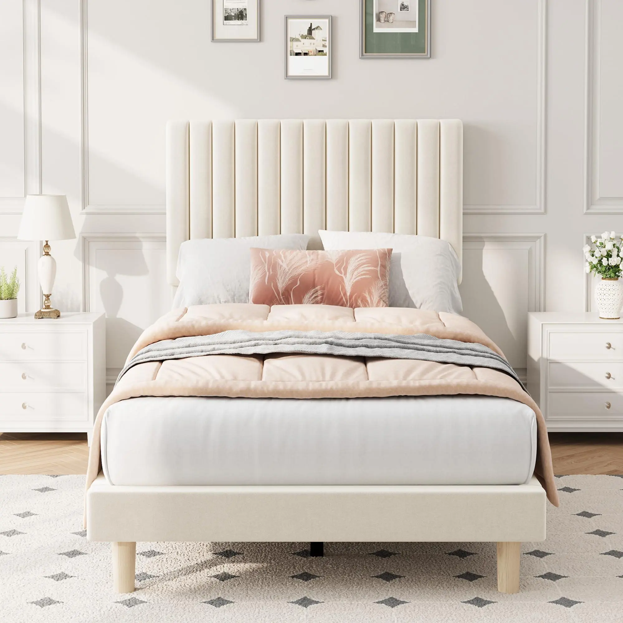 GAOMON Twin Bed Frame with Adjustable Headboard, Velvet Upholstered Platform Bed | Twin Size Bed Frame, Vertical Channel Tufted, Strong Wooden Slats, No Box Spring Needed, Easy Assembly, Beige