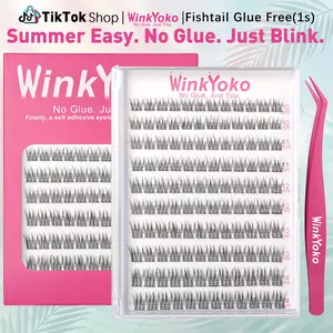 Fishtail Glue Free Lashes, WinkYoko Self Adhesive Lash Clusters Kit with Tweezers, C Curl, Natural Daily 10-14mm, No Glue, Easy 5 Second Apply for Busy Days, Ultra-Thin Invisible Band, Wispy Reusable, Gentle Long-Lasting, DIY Makeup at Home for Girl Gifts
