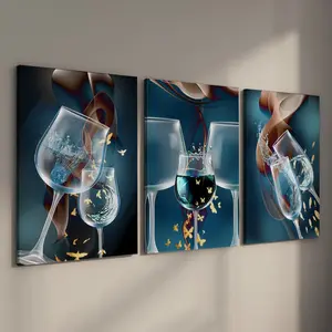 3 Counts Wood Framed Canvas Modern Abstract Blue Wineglass Wine Wall Art, Modern Home Decoration, Ready To Hang, Room Decor, Waterproof Canvas, Artwork Wall Painting For Gift, Wall Decor for Dining room, Bedroom, Living Room