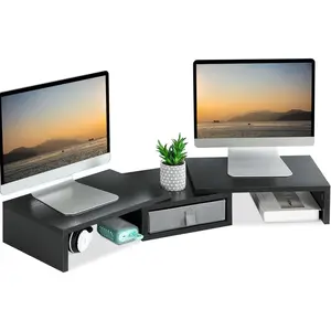 Dual  Stand Riser with Drawer - Length and Angle Adjustable Double  Riser Corner Desk Shelf Organizer 37 inch Long  Riser for 2 Monitors/Laptop/PC/Screen/TV