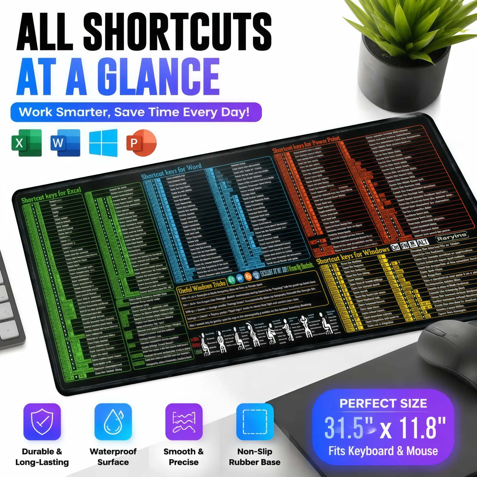Functional Rectangular Large Extended Non-Slip Office Shortcut Keys Mouse Pad - Keyboard Aid for PC, Mac, Spreadsheet Enthusiasts, Computer Desk Mat, Office Accessories Ideal Gift, No, Black(Excel Shortcut Mouse Pad)