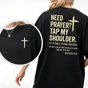 Washed Christian T-Shirt – Need Prayer? Tap My Shoulder with Cross and Bible Verse