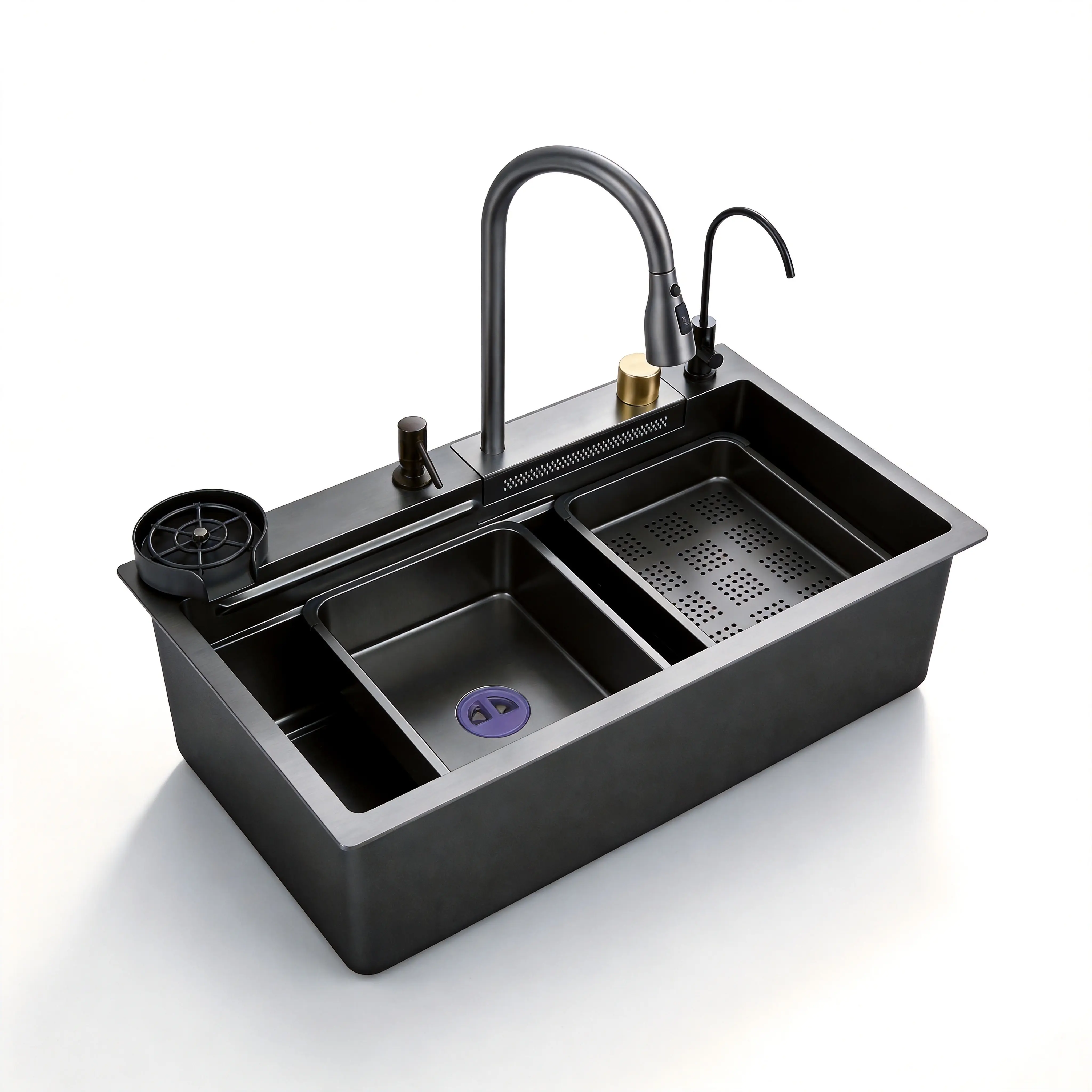 Black Stainless Steel Smart Modern Drop-In Workstation Kitchen Sink - Large Rectangular Bowl, Multi-Function Set With Pull-Down Faucet, Glass Rinser, Cutting Board, Prep Bowl, Colander, Drain Kit Included, Drop In Kitchen Sink