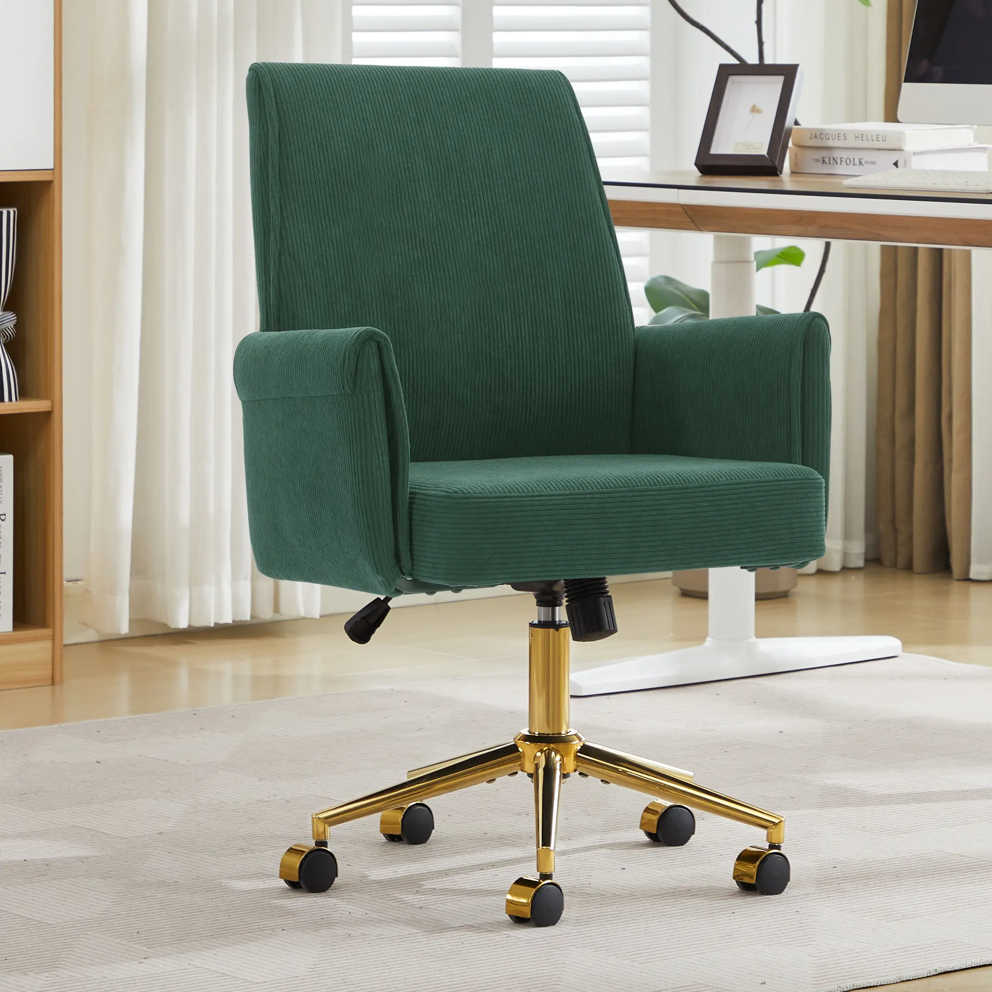 Green Glam Corduroy-Velvet Upholstered Modern Ergonomic Office Task Chair with Adjustable Seat Height, 360-Degree Swivel, Wheels, Easy Assembly for Home Office, Vanity